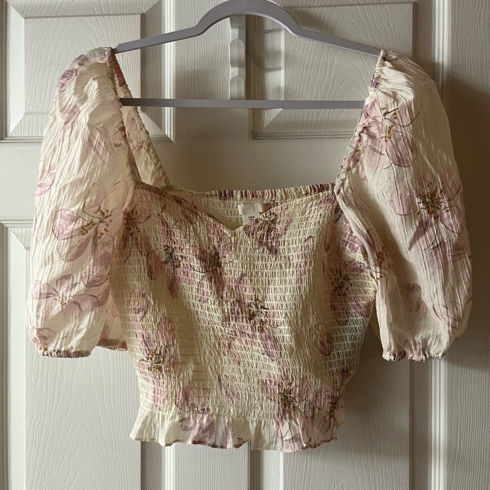 H&M Pink Puff Sleeve Smocked Crop Blouse